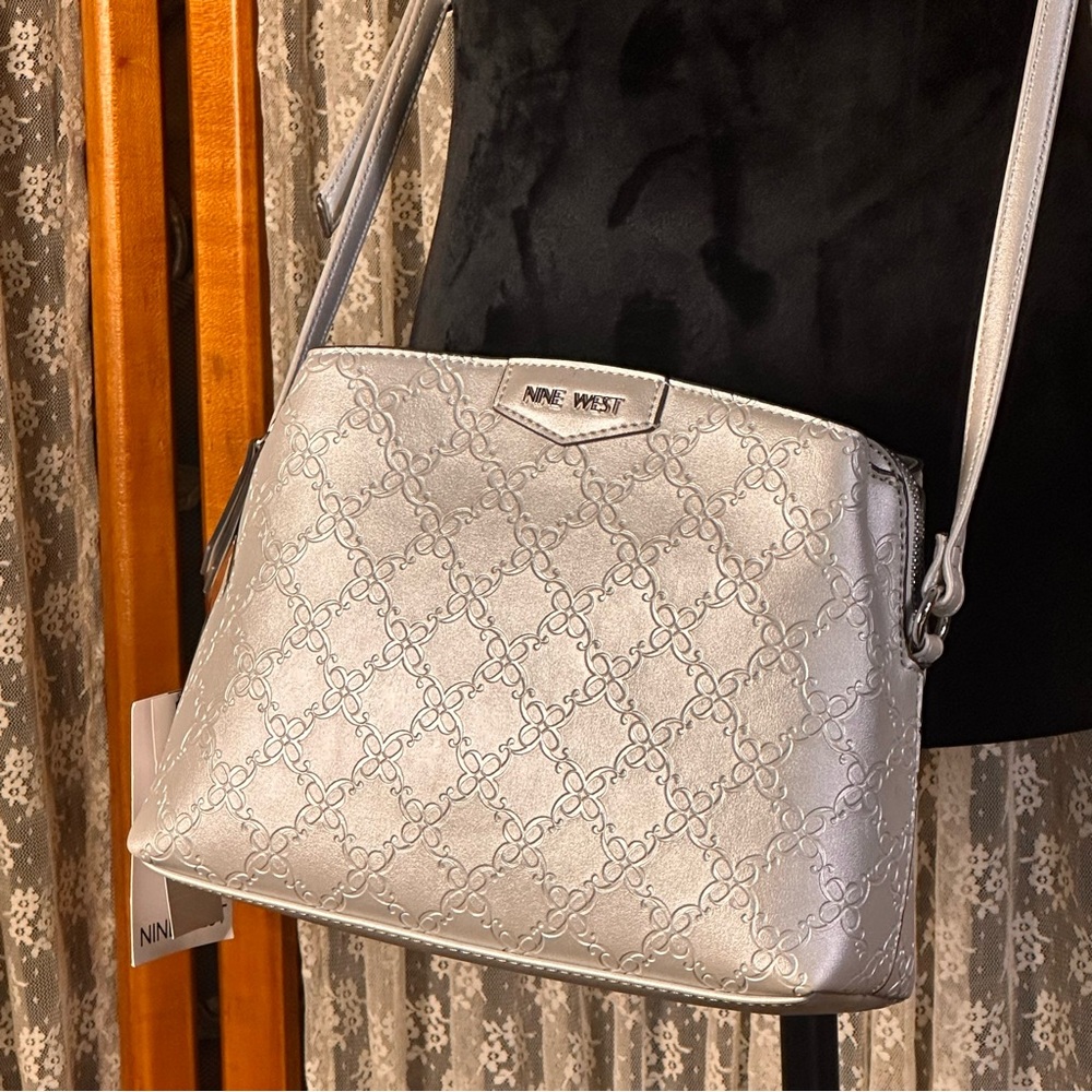 Nine West Silver Crossbody Bag with Geometric Pattern